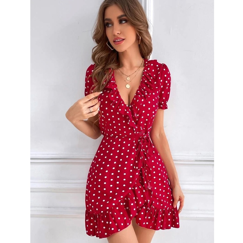Red Mini Dress White Polka Dots Wrap, Ruffle Details Short Sleeve - Picture 6 of 7